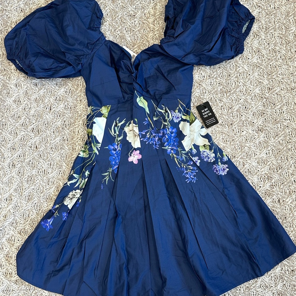 Express Navy Floral Mini Dress with Puff Sleeves